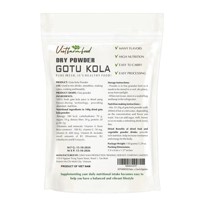 GOTU KOLA POWDER 5.29 oz (150g) VIETFARMFOOD: Pure freeze-dried vegetable powder, made from real vegetables with no added sugar - Perfect for daily nutrition to keep your body full of vitality