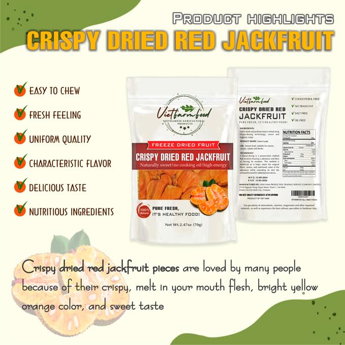 CRISPY DRIED RED JACKFRUIT 2.47 Oz (70g) VIETFARMFOOD: Freeze-drying Fruit, Instant Food Made From 100% Pure Fresh Fruit, no Sugar Added, no Sulfur, no Salt, no Cooking Oil, Convenient Gift or Snack.