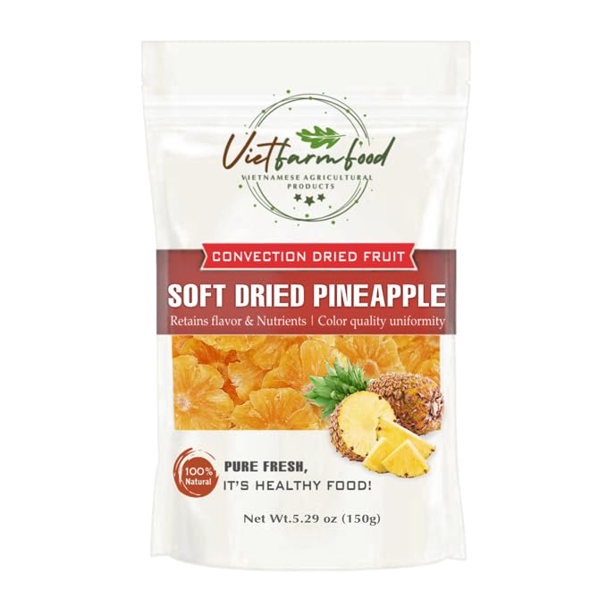 SOFT DRIED PINEAPPLE 5.29oz (150g) VIETFARMFOOD: Convection dried fruit with a little sugar, salt, natural sweetness, soft when chewed. Suitable for snack, topping, healthy desserts for all ages