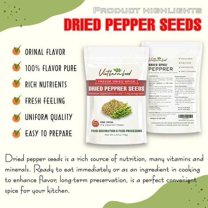 DRIED WHITE PEPPERCORNS 2.47 Oz (70g) VIETFARMFOOD: Pure, natural freeze-dried spice made from real vegetables and fruits - perfect for enhancing every meal, from cooking, baking, salad, soups, sauces