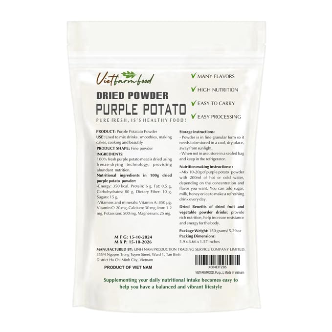 PURPLE POTATO POWDER 5.29 oz (150g) VIETFARMFOOD: Pure freeze-dried vegetable powder, made from real vegetables with no added sugar - Perfect for daily nutrition to keep your body full of vitality