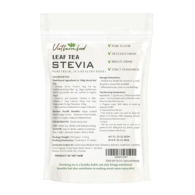 STEVIA LEAF TEA 2.47 Oz (70g) VIETFARMFOOD:Natural pure dried herbs are used for making drinks and cooking ingredients. Drinking tea is a healthy habit that makes meals delicious and relaxing
