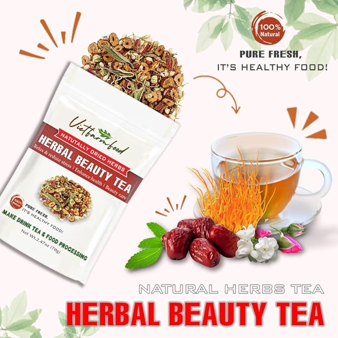 HERBAL BEAUTY TEA 2.47 Oz (70g) VIETFARMFOOD:Natural pure dried herbs are used for making drinks and cooking ingredients. Drinking tea is a healthy habit that makes meals delicious and relaxing