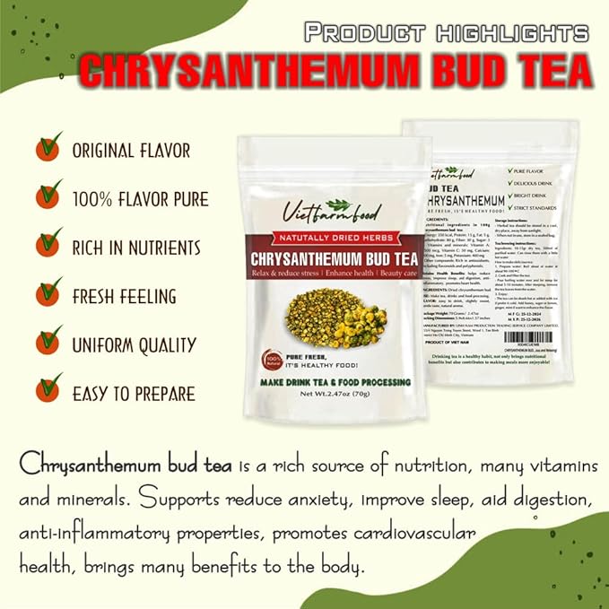 CHRYSANTHEMUM BUD TEA 2.47 Oz (70g) VIETFARMFOOD:Natural pure dried herbs are used for making drinks and cooking ingredients. Drinking tea is a healthy habit that makes meals delicious and relaxing