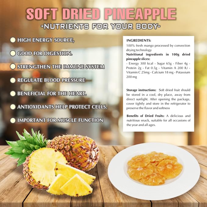 SOFT DRIED PINEAPPLE 5.29oz (150g) VIETFARMFOOD: Convection dried fruit with a little sugar, salt, natural sweetness, soft when chewed. Suitable for snack, topping, healthy desserts for all ages