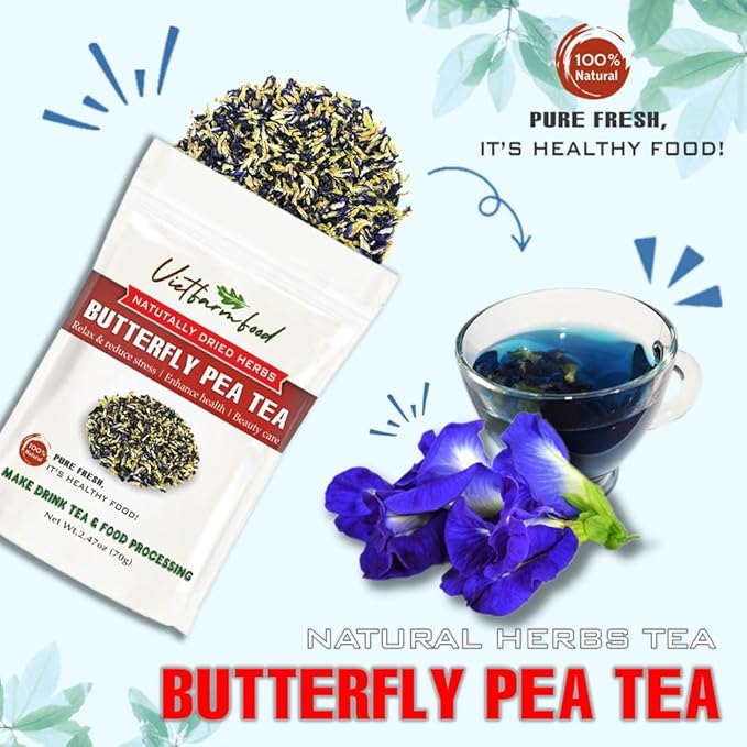 BUTTERFLY PEA TEA 2.47 Oz (70g) VIETFARMFOOD:Natural pure dried herbs are used for making drinks and cooking ingredients. Drinking tea is a healthy habit that makes meals delicious and relaxing