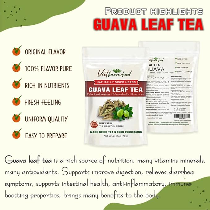 GUAVA LEAF TEA 2.47 Oz (70g) VIETFARMFOOD:Natural pure dried herbs are used for making drinks and cooking ingredients. Drinking tea is a healthy habit that makes meals delicious and relaxing