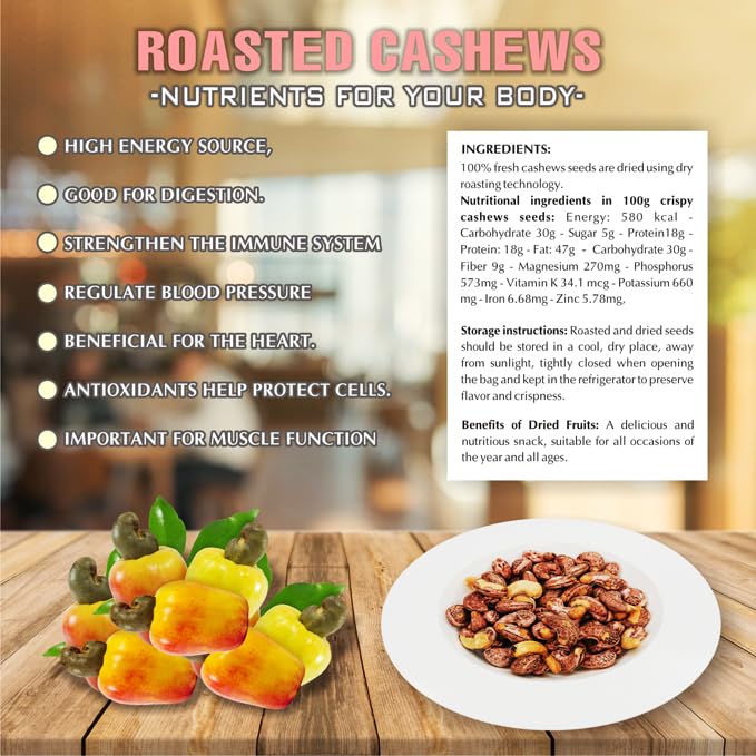 ROASTED CASHEW NUTS 5.29oz (150g) VIETFARMFOOD: Naturally dry roasted. No sugar, no oil, natural sweetness, characteristic fatty taste, crispy. Suitable as a topping, delicious, nutritious snack.