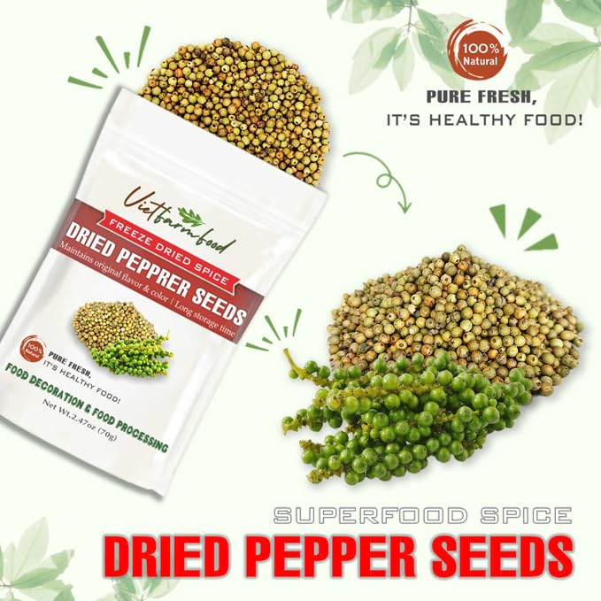 DRIED WHITE PEPPERCORNS 2.47 Oz (70g) VIETFARMFOOD: Pure, natural freeze-dried spice made from real vegetables and fruits - perfect for enhancing every meal, from cooking, baking, salad, soups, sauces