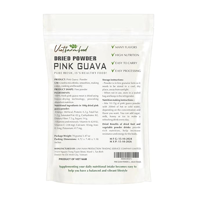 PINK GUAVA POWDER 2.47 oz (70g) VIETFARMFOOD: Pure freeze-dried fruit powder, made from real fruit with no added sugar - Perfect for daily nutrition to keep your body full of vitality.