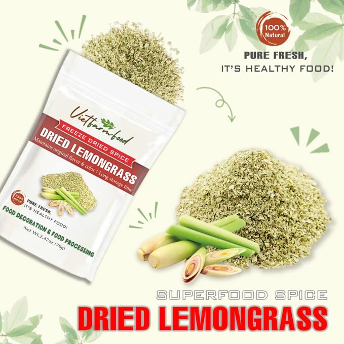 DRIED LEMONGRASS 2.47 Oz (70g) VIETFARMFOOD: Freeze-dried spice extract from 100% pure, Convenient Packaging. Long-term Preservation. Used for Processing Cooking, Baking, Salad Mixing, Soup, Sauces..,