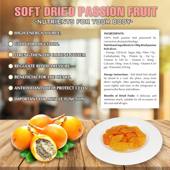 SOFT DRIED PASSION FRUIT 5.29oz (150g) VIETFARMFOOD: Convection dried fruit with a little sugar, salt, natural sweetness, soft when chewed. Suitable for snack, topping, healthy desserts for all ages