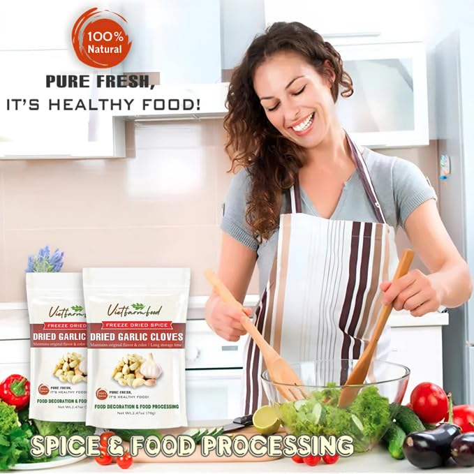 DRIED GARLIC CLOVES 2.47 Oz (70g) VIETFARMFOOD: Freeze-dried spice extract from 100% pure, Convenient Packaging. Long-term Preservation. Used for Processing Cooking, Salad Mixing, Soup, Sauces...