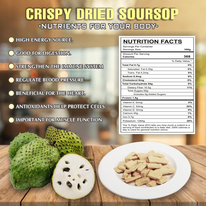 CRISPY DRIED SOURSOP 2.47oz (70g) VIETFARMFOOD: Freeze-dried, No Sugar Added, Naturally Sweet, Rich in natural nutrients, making it a great snack option, Suitable For Snacking Or As A Gift
