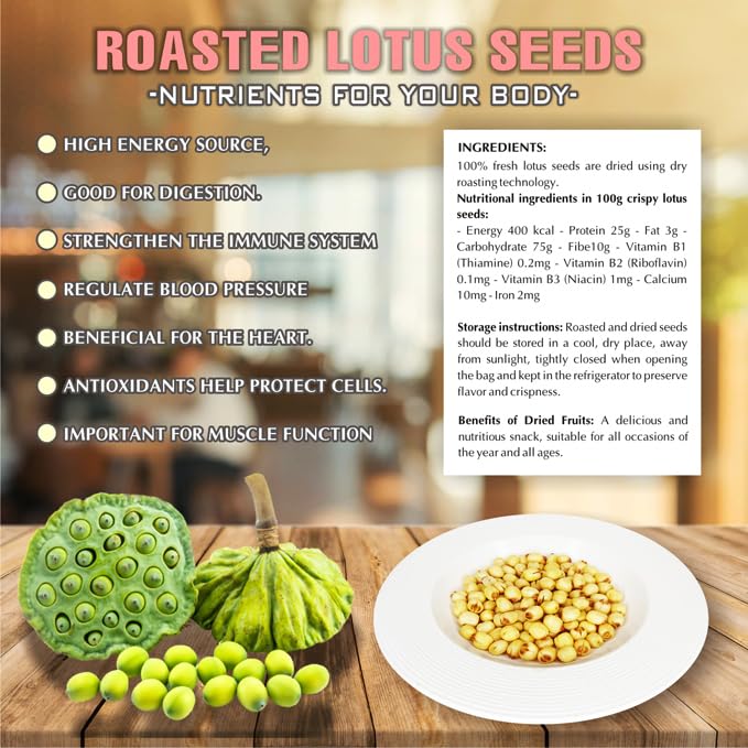 CRISPY LOTUS SEEDS 5.29oz (150g) VIETFARMFOOD: Lightly fried in oil. No sugar, natural sweetness, characteristic fatty taste, crispy. Suitable as a topping, or as a delicious, nutritious snack.