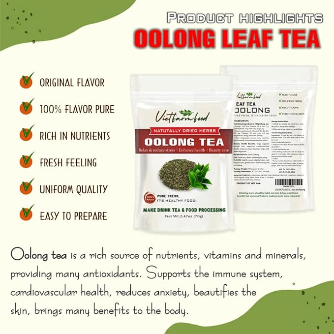 OOLONG TEA 2.47 Oz (70g) VIETFARMFOOD:Natural pure dried herbs are used for making drinks and cooking ingredients. Drinking tea is a healthy habit that makes meals delicious and relaxing