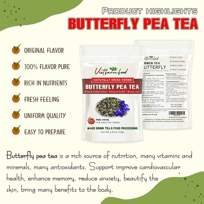 BUTTERFLY PEA TEA 2.47 Oz (70g) VIETFARMFOOD:Natural pure dried herbs are used for making drinks and cooking ingredients. Drinking tea is a healthy habit that makes meals delicious and relaxing