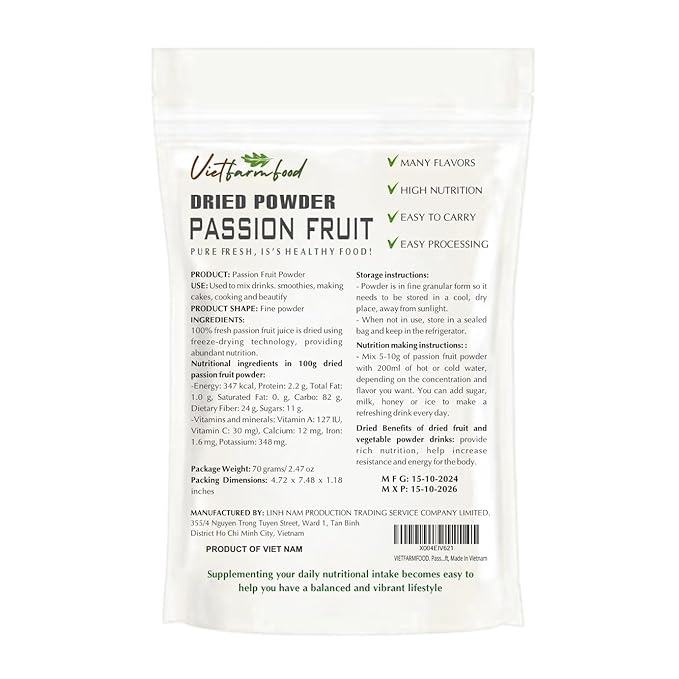 PASSION FRUIT POWDER 2.47 oz (70g) VIETFARMFOOD: Pure freeze-dried fruit powder, made from real fruit with no added sugar - Perfect for daily nutrition to keep your body full of vitality.
