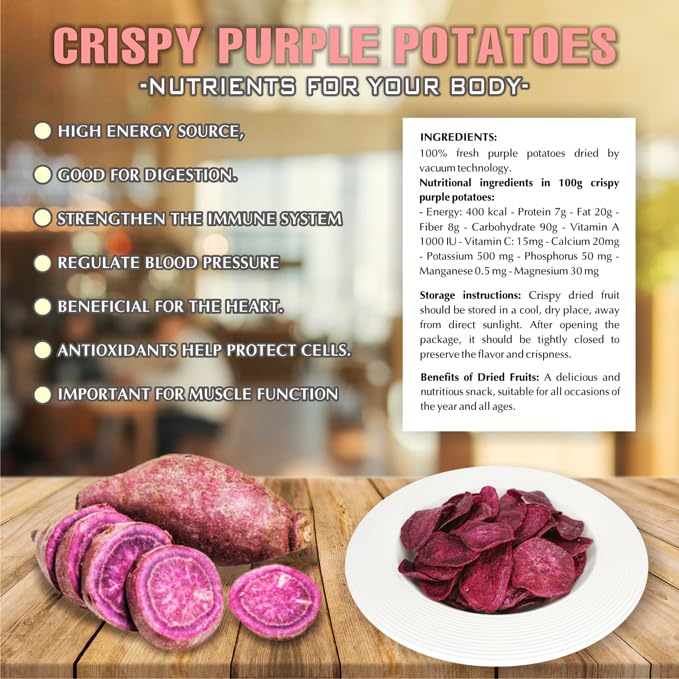 CRISPY DRIED PURPLE POTATOES 5.29 Oz (150g) VIETFARMFOOD: Vacuum-drying fruit, Instant Food Made From 100% Pure Fresh Fruit, Retains The Flavor, no Added Sugar, no Sulfur. Convenient Gift or Snack
