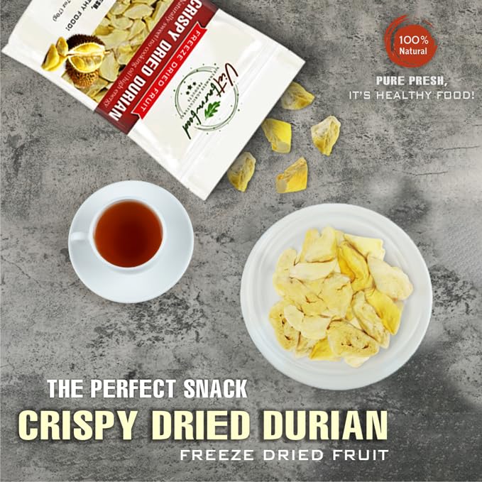 CRISPY DRIED DURIAN 2.47 Oz (70g) VIETFARMFOOD: Freeze-drying Fruit Pieces, Instant Food Made From 100% Pure Fresh Fruit, no Sugar Added, no Sulfur, no Salt, no Cooking Oil, Convenient Gift or Snack.