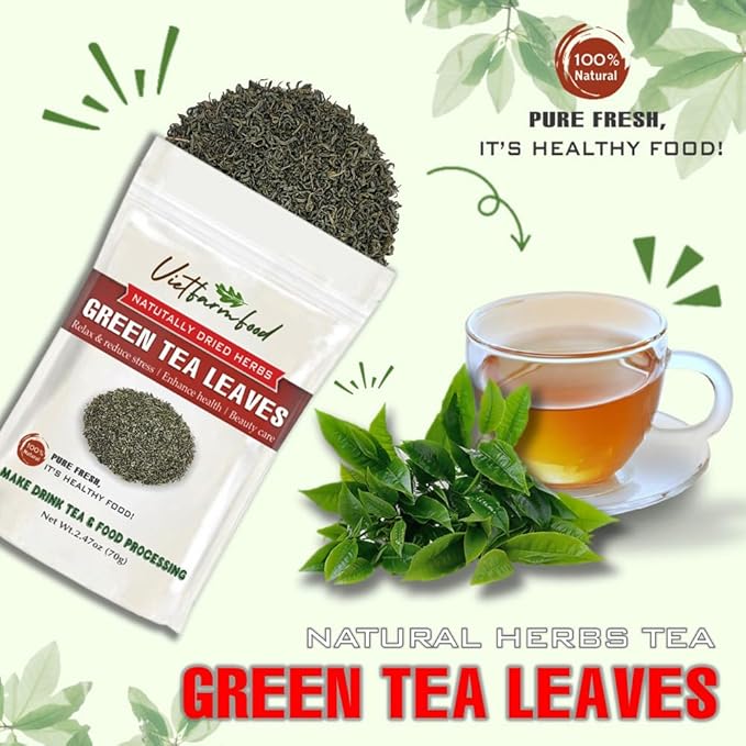 GREEN TEA LEAVES 2.47 Oz (70g) VIETFARMFOOD:Natural pure dried herbs are used for making drinks and cooking ingredients. Drinking tea is a healthy habit that makes meals delicious and relaxing