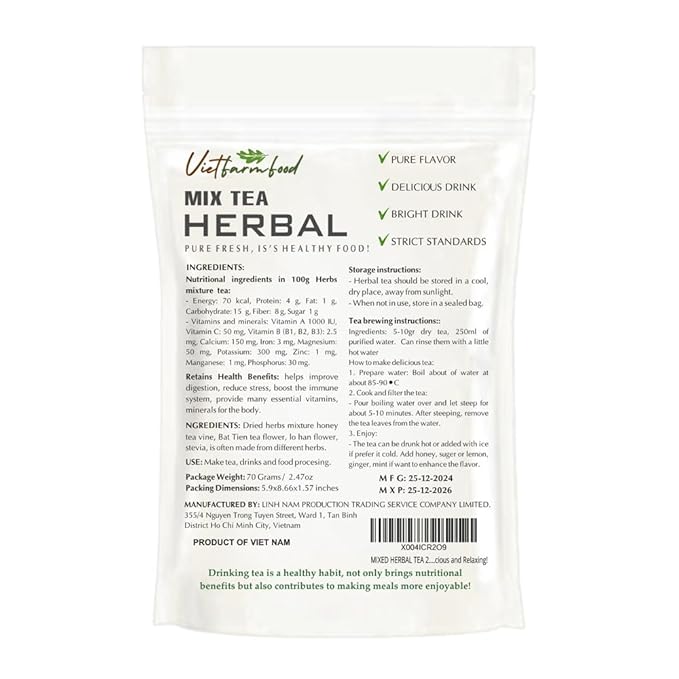 MIXED HERBAL TEA 2.47 Oz (70g) VIETFARMFOOD:Natural pure dried herbs are used for making drinks and cooking ingredients. Drinking tea is a healthy habit that makes meals delicious and relaxing