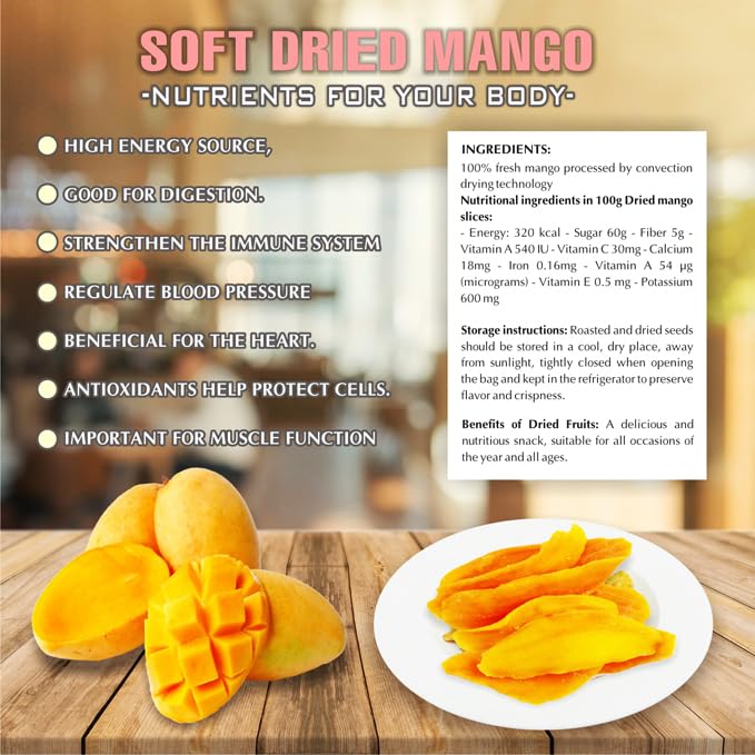 SOFT DRIED MANGO 5.29oz (150g) VIETFARMFOOD: Convection dried fruit with a little sugar, salt, natural sweetness, soft when chewed. Suitable for snack, topping, healthy desserts for all ages