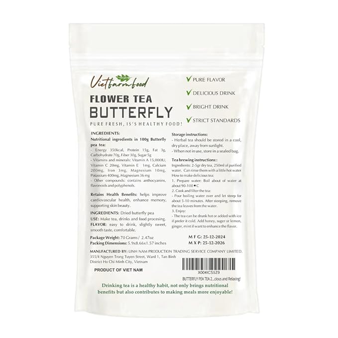 BUTTERFLY PEA TEA 2.47 Oz (70g) VIETFARMFOOD:Natural pure dried herbs are used for making drinks and cooking ingredients. Drinking tea is a healthy habit that makes meals delicious and relaxing