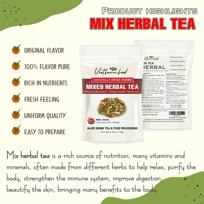 MIXED HERBAL TEA 2.47 Oz (70g) VIETFARMFOOD:Natural pure dried herbs are used for making drinks and cooking ingredients. Drinking tea is a healthy habit that makes meals delicious and relaxing