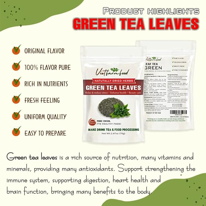 GREEN TEA LEAVES 2.47 Oz (70g) VIETFARMFOOD:Natural pure dried herbs are used for making drinks and cooking ingredients. Drinking tea is a healthy habit that makes meals delicious and relaxing
