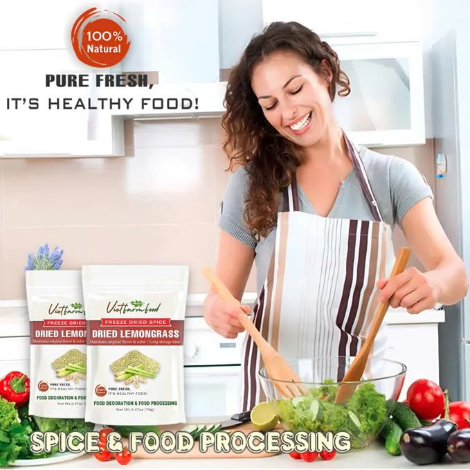 DRIED LEMONGRASS 2.47 Oz (70g) VIETFARMFOOD: Freeze-dried spice extract from 100% pure, Convenient Packaging. Long-term Preservation. Used for Processing Cooking, Baking, Salad Mixing, Soup, Sauces..,