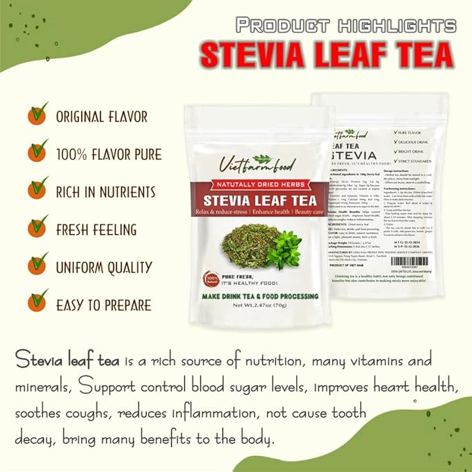 STEVIA LEAF TEA 2.47 Oz (70g) VIETFARMFOOD:Natural pure dried herbs are used for making drinks and cooking ingredients. Drinking tea is a healthy habit that makes meals delicious and relaxing