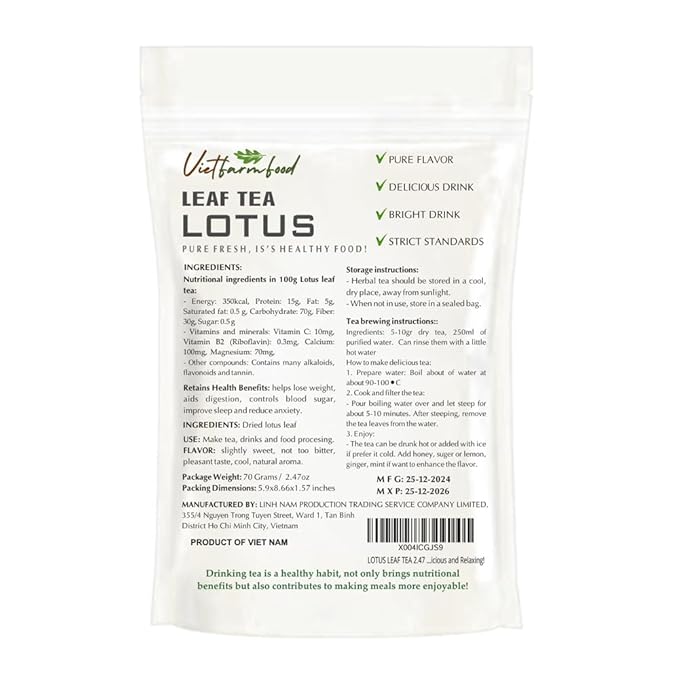 LOTUS LEAF TEA 2.47 Oz (70g) VIETFARMFOOD:Natural pure dried herbs are used for making drinks and cooking ingredients. Drinking tea is a healthy habit that makes meals delicious and relaxing