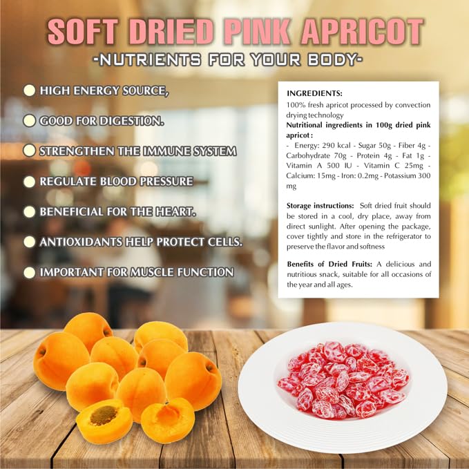 SOFT DRIED PINK APRICOT 5.29oz (150g) VIETFARMFOOD: Convection dried fruit with a little sugar, salt, natural sweetness, soft when chewed. Suitable for snack, topping, healthy desserts for all ages