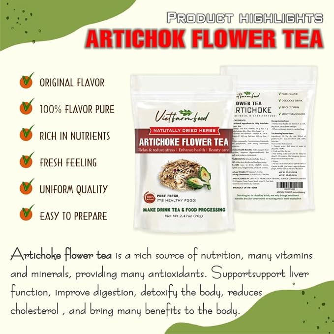 ARTICHOKE FLOWER TEA 2.47 Oz (70g) VIETFARMFOOD:Natural pure dried herbs are used for making drinks and cooking ingredients. Drinking tea is a healthy habit that makes meals delicious and relaxing