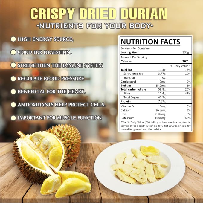 CRISPY DRIED DURIAN 2.47 Oz (70g) VIETFARMFOOD: Freeze-drying Fruit Pieces, Instant Food Made From 100% Pure Fresh Fruit, no Sugar Added, no Sulfur, no Salt, no Cooking Oil, Convenient Gift or Snack.