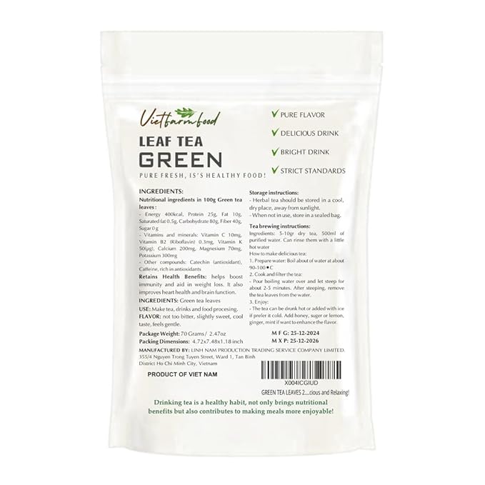GREEN TEA LEAVES 2.47 Oz (70g) VIETFARMFOOD:Natural pure dried herbs are used for making drinks and cooking ingredients. Drinking tea is a healthy habit that makes meals delicious and relaxing