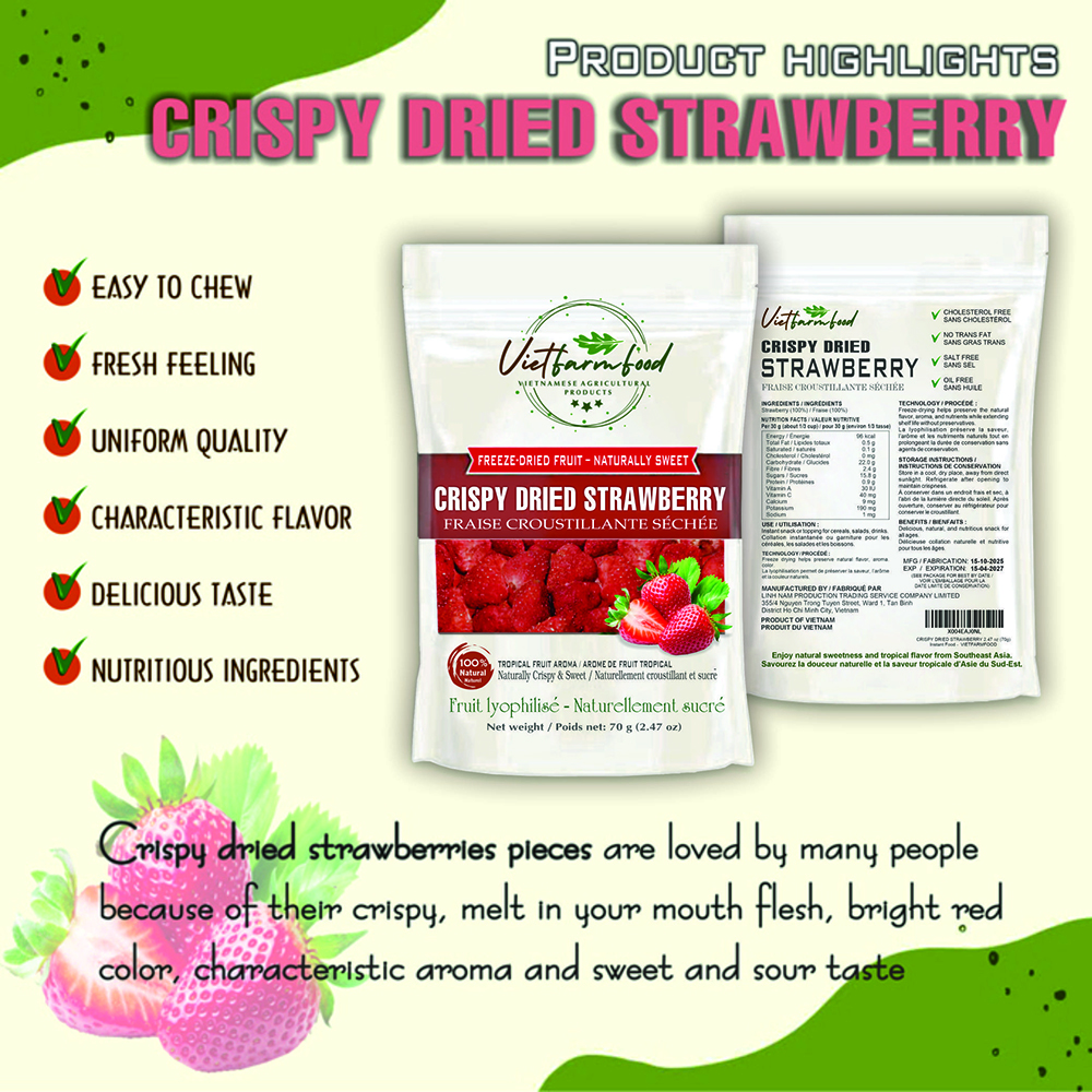 CRISPY DRIED STRAWBERRIES 2.47oz (70g) VIETFARMFOOD: Freeze-dried, No Sugar Added, Naturally Sweet, Rich in natural nutrients, making it a great snack option, Suitable For Snacking Or As A Gift