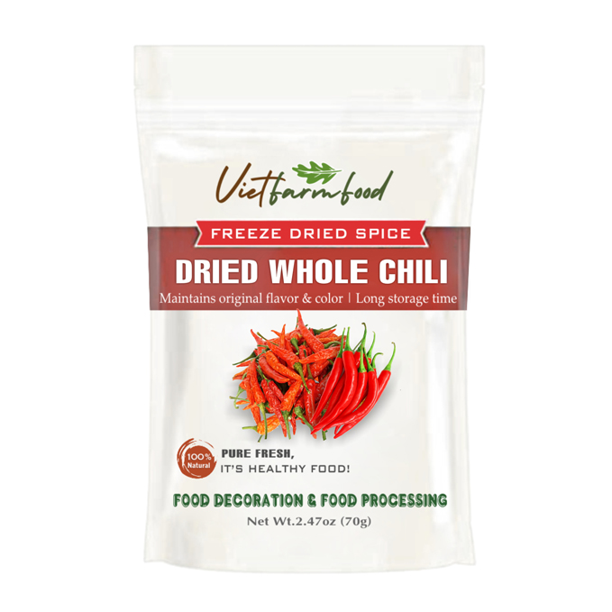 DRIED WHOLE CHILI 2.47 Oz (70g) VIETFARMFOOD: Freeze-dried spice extract from 100% pure, Convenient Packaging. Long-term Preservation. Used for Processing Cooking, Baking, Salad Mixing, Soup, Sauces..