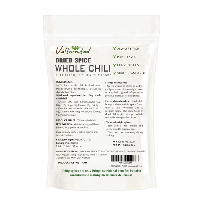 DRIED WHOLE CHILI 2.47 Oz (70g) VIETFARMFOOD: Freeze-dried spice extract from 100% pure, Convenient Packaging. Long-term Preservation. Used for Processing Cooking, Baking, Salad Mixing, Soup, Sauces..