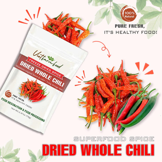 DRIED WHOLE CHILI 2.47 Oz (70g) VIETFARMFOOD: Freeze-dried spice extract from 100% pure, Convenient Packaging. Long-term Preservation. Used for Processing Cooking, Baking, Salad Mixing, Soup, Sauces..