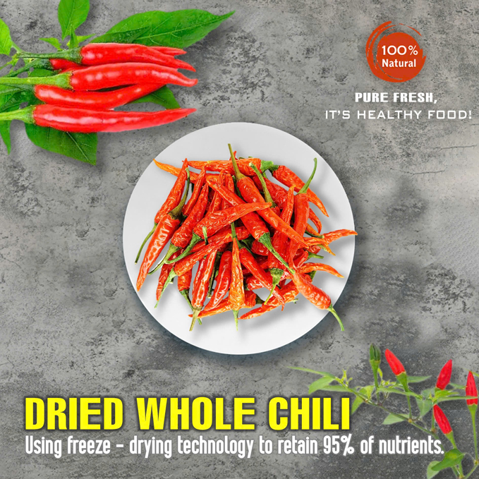 DRIED WHOLE CHILI 2.47 Oz (70g) VIETFARMFOOD: Freeze-dried spice extract from 100% pure, Convenient Packaging. Long-term Preservation. Used for Processing Cooking, Baking, Salad Mixing, Soup, Sauces..