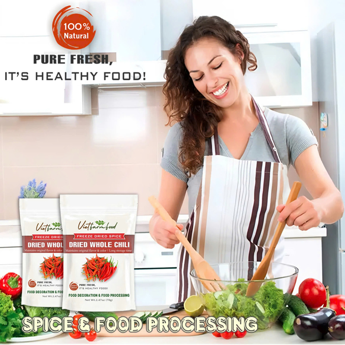 DRIED WHOLE CHILI 2.47 Oz (70g) VIETFARMFOOD: Freeze-dried spice extract from 100% pure, Convenient Packaging. Long-term Preservation. Used for Processing Cooking, Baking, Salad Mixing, Soup, Sauces..