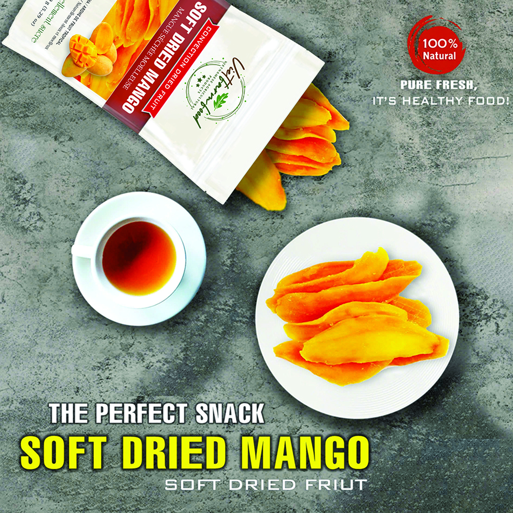 SOFT DRIED MANGO 5.29oz (150g) VIETFARMFOOD: Convection dried fruit with a little sugar, salt, natural sweetness, soft when chewed. Suitable for snack, topping, healthy desserts for all ages