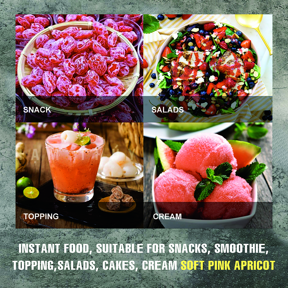 SOFT DRIED PINK APRICOT 5.29oz (150g) VIETFARMFOOD: Convection dried fruit with a little sugar, salt, natural sweetness, soft when chewed. Suitable for snack, topping, healthy desserts for all ages