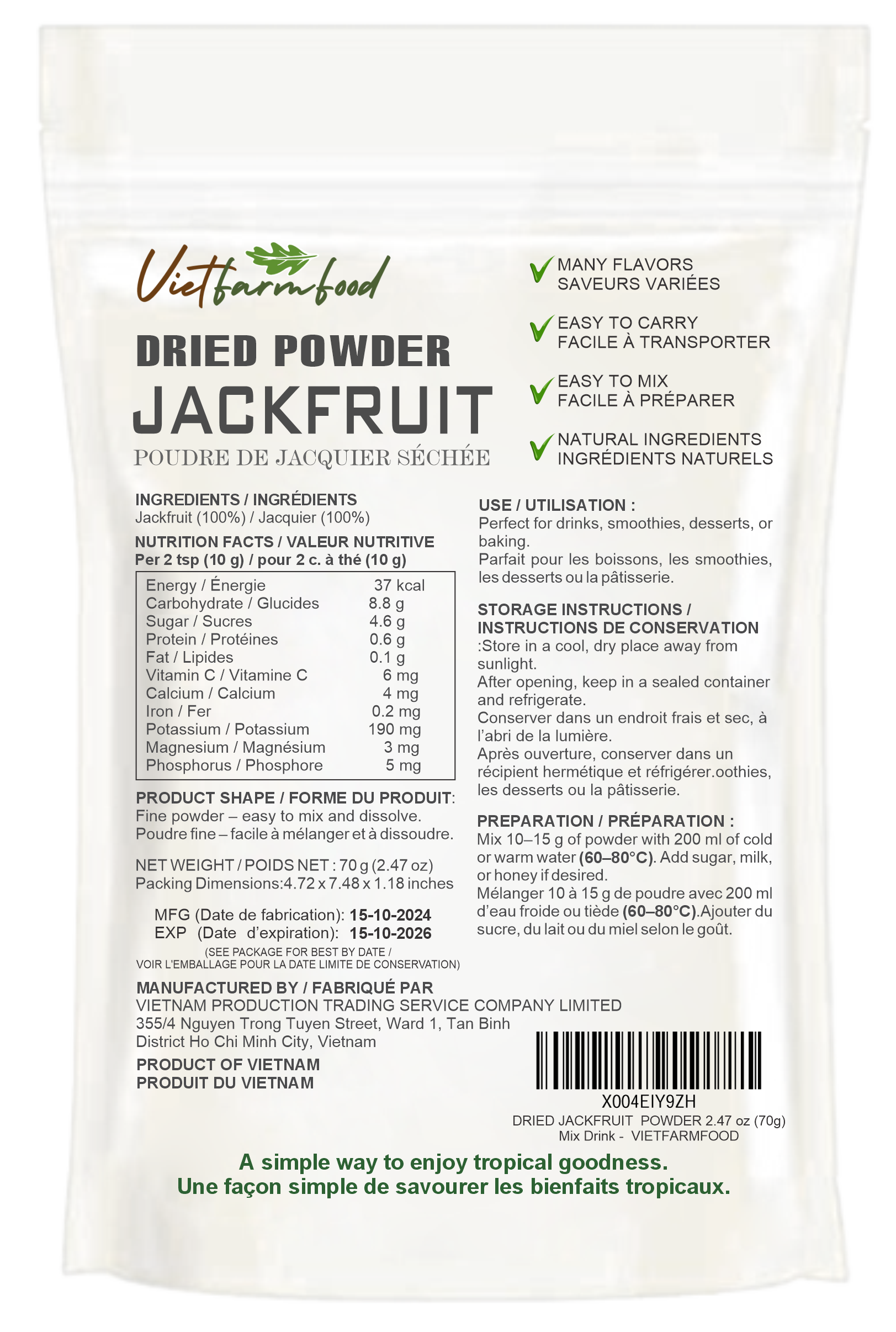 JACKFRUIT POWDER 2.47 oz (70g) VIETFARMFOOD: Pure freeze-dried fruit powder, made from real fruit with no added sugar - Perfect for daily nutrition to keep your body full of vitality.