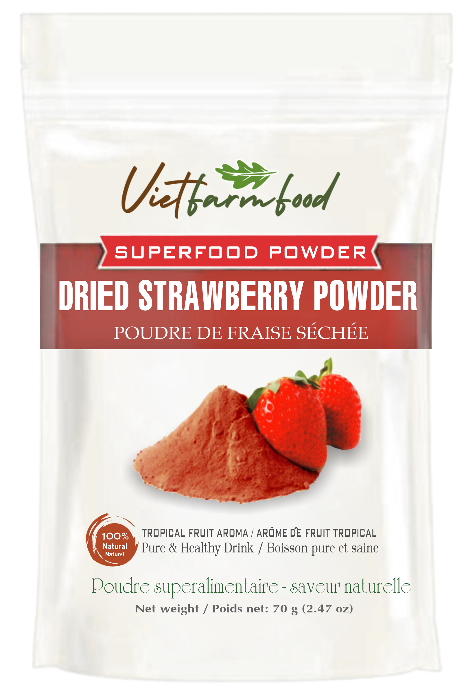 STRAWBERRY POWDER 2.47 oz (70g) VIETFARMFOOD: Pure freeze-dried fruit powder, made from real fruit with no added sugar - Perfect for daily nutrition to keep your body full of vitality.