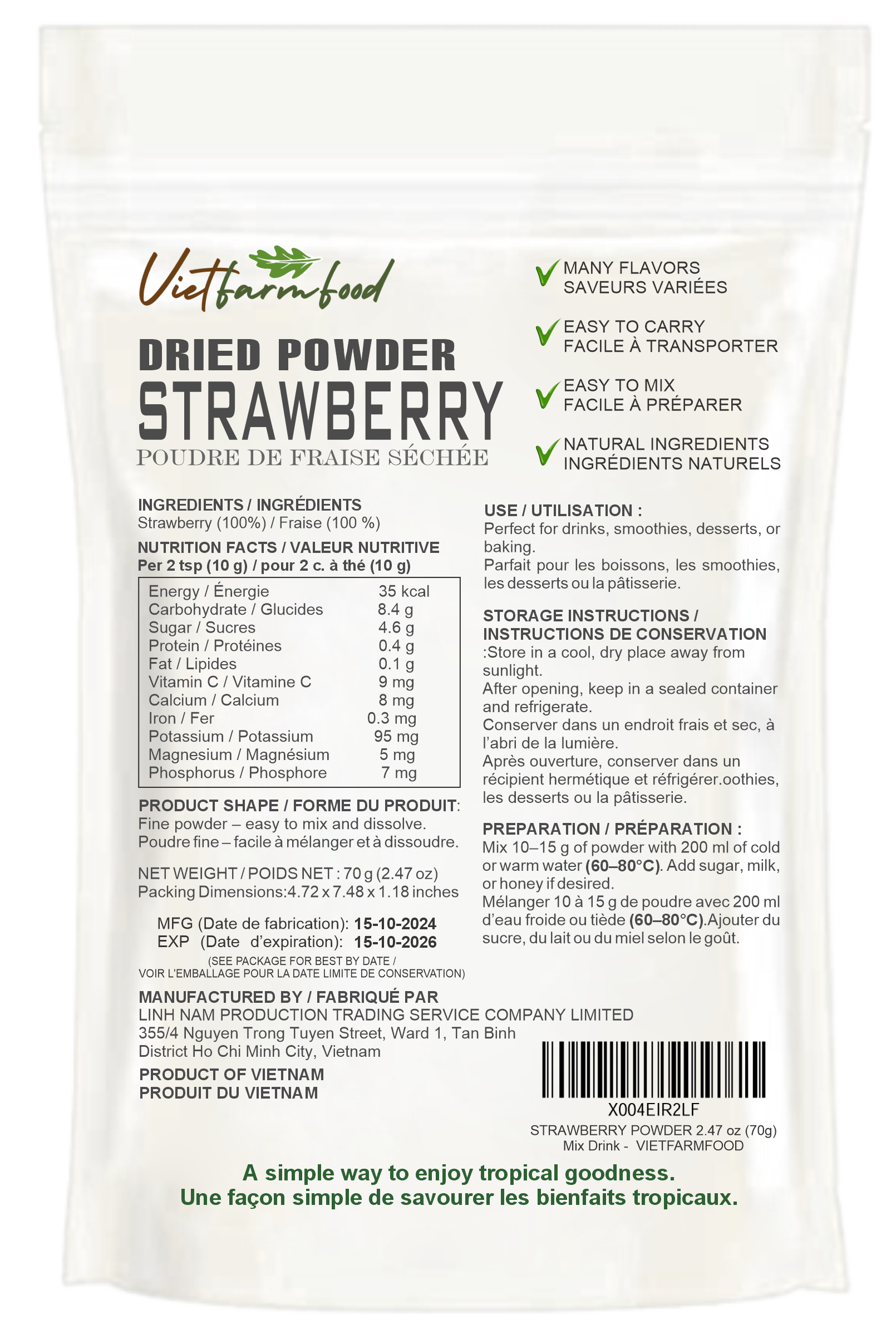STRAWBERRY POWDER 2.47 oz (70g) VIETFARMFOOD: Pure freeze-dried fruit powder, made from real fruit with no added sugar - Perfect for daily nutrition to keep your body full of vitality.