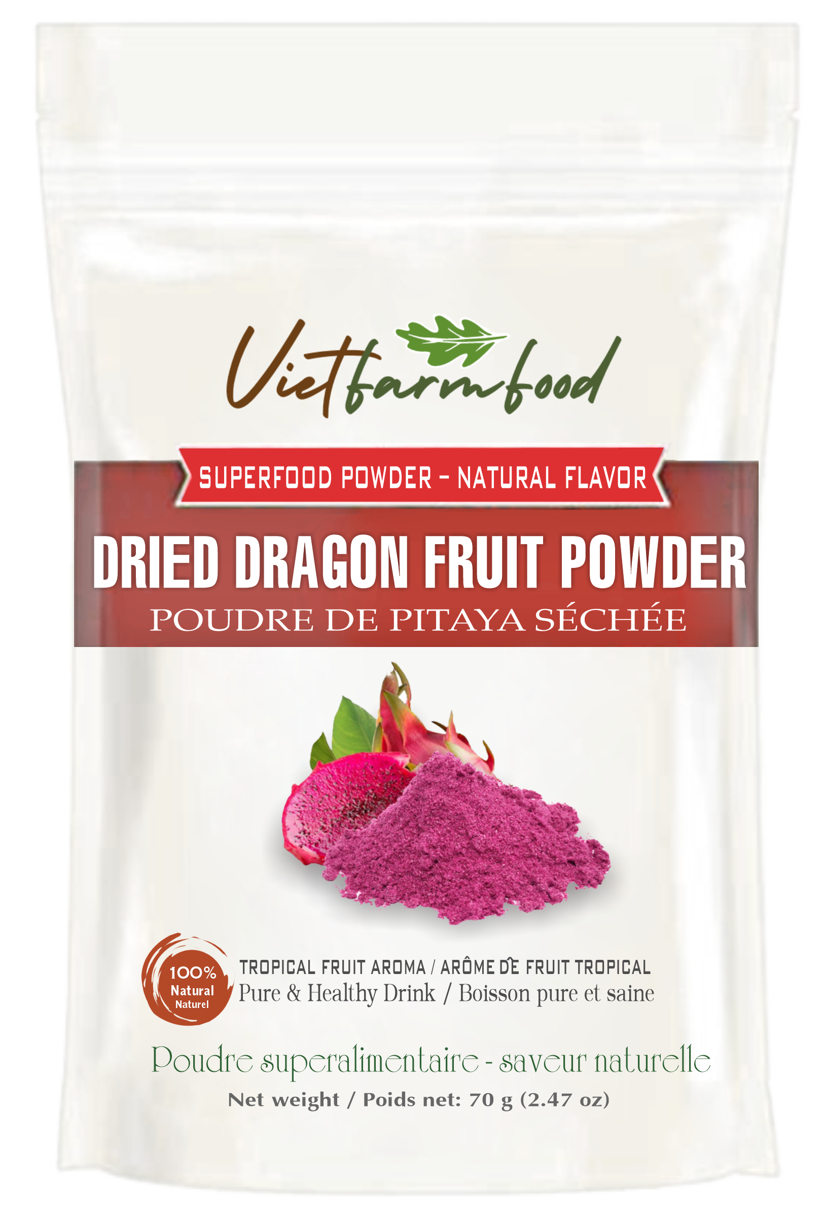 DRAGON FRUIT POWDER 2.47 oz (70g) VIETFARMFOOD: Pure freeze-dried fruit powder, made from real fruit with no added sugar - Perfect for daily nutrition to keep your body full of vitality.