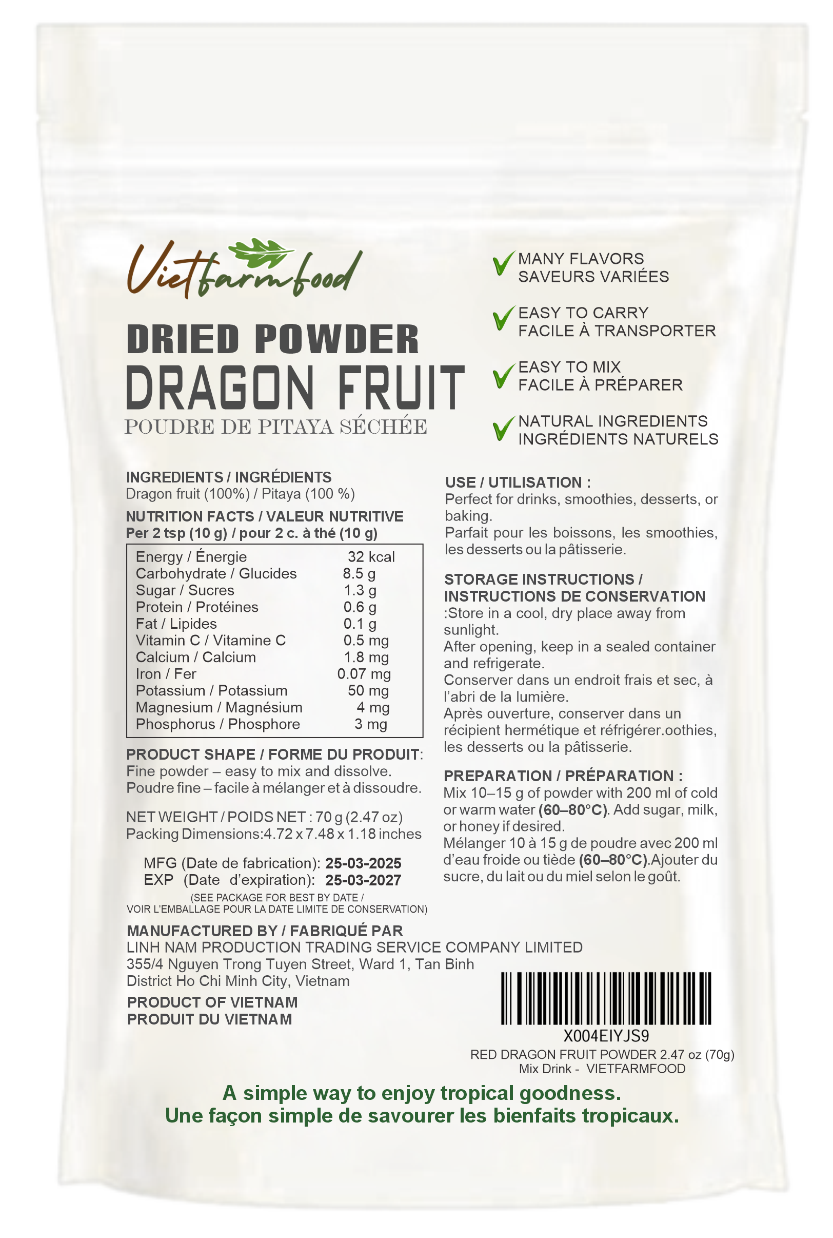 DRAGON FRUIT POWDER 2.47 oz (70g) VIETFARMFOOD: Pure freeze-dried fruit powder, made from real fruit with no added sugar - Perfect for daily nutrition to keep your body full of vitality.